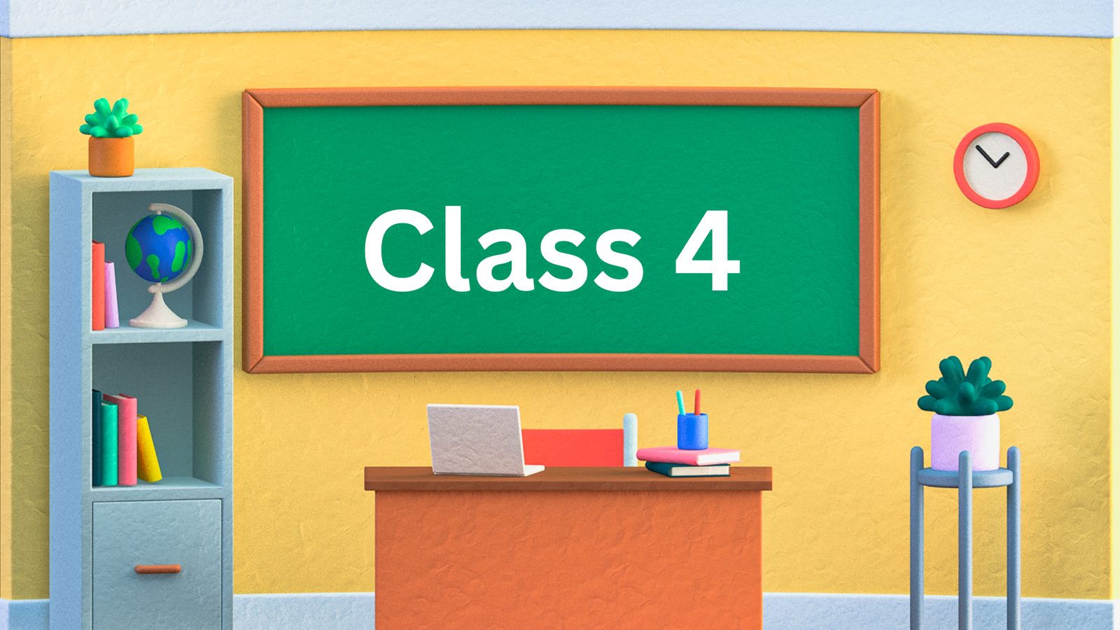 A classroom with a chalkboard displaying "Class 4."