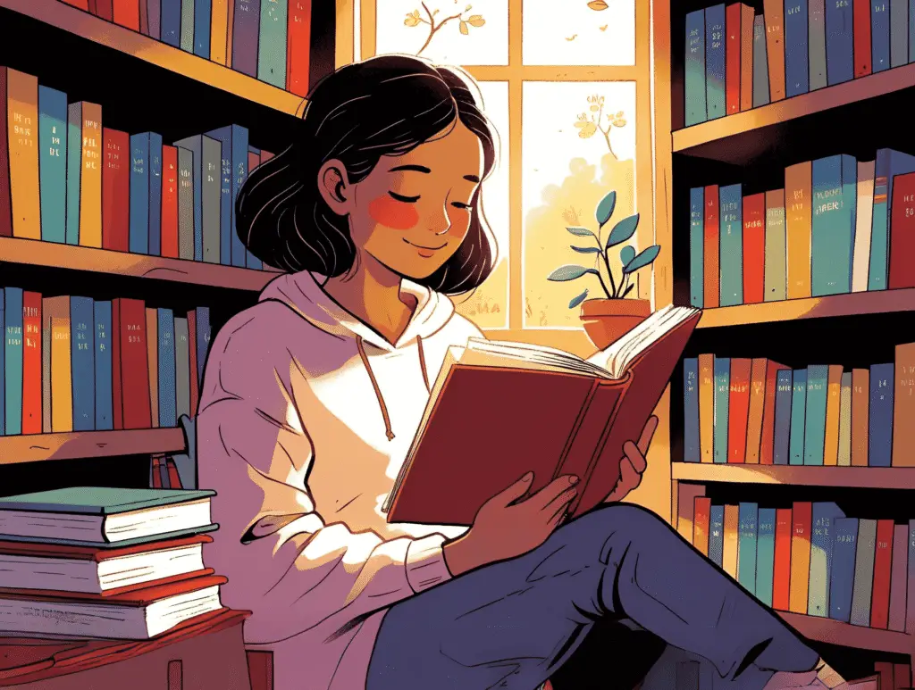 a girl is reading in the library