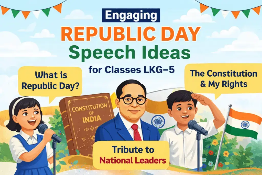 Illustration showing Republic Day speech ideas for LKG to Class 5 with students speaking, Dr. B. R. Ambedkar, and the Constitution of India