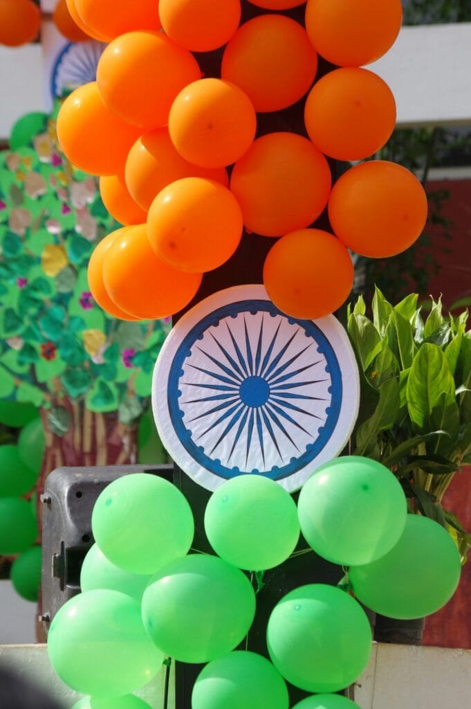 Republic Day decoration with tricolour balloons and Ashoka Chakra