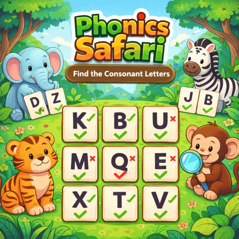 Phonics Safari game to find consonant letters for kids