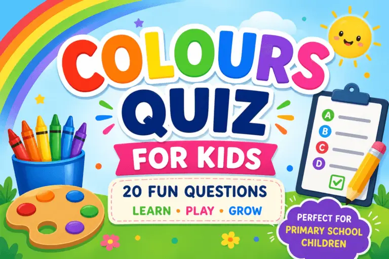 Colours quiz for kids with 20 questions for primary students