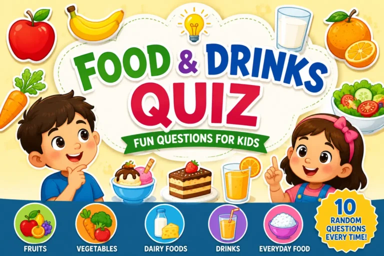 Food and drinks quiz for kids with fruits vegetables and healthy foods