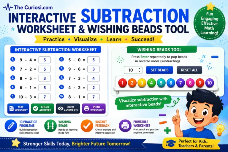 Auto Interactive Subtraction Worksheet (1-9 numbers)