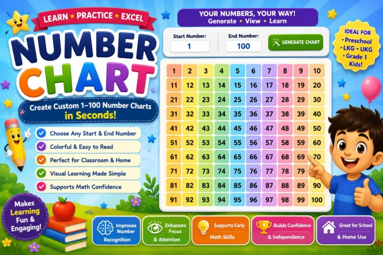 Interactive colorful 1 to 100 number chart learning tool for kids