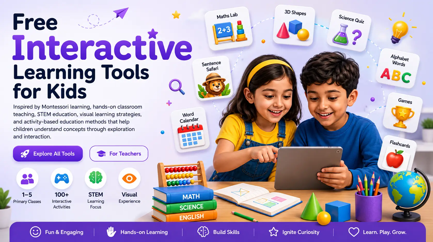 Children interacting with educational tools on a large tablet, with a popular tools menu