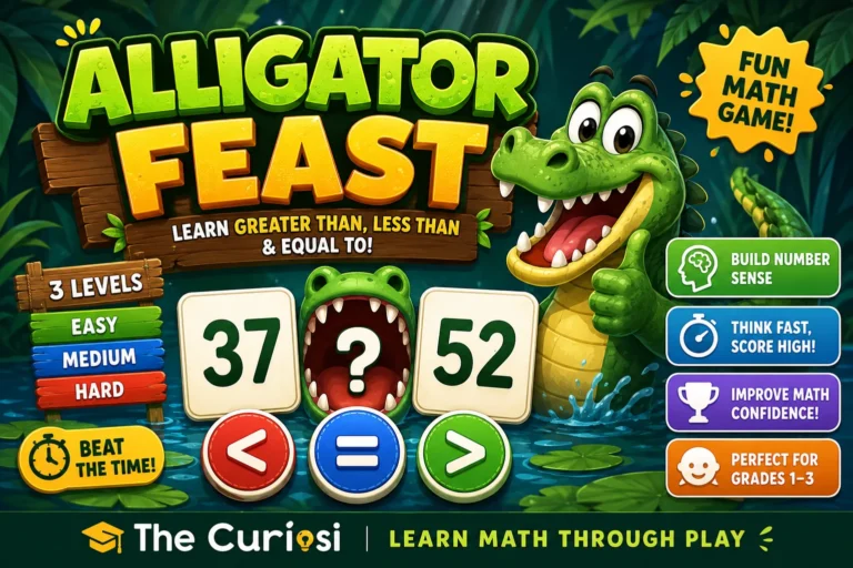 Alligator feast: Learn Greater Than, Less Than & Equal To Practice game
