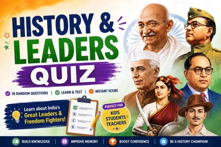 History and Leaders Quiz for Kids featuring Mahatma Gandhi, Jawaharlal Nehru, Subhas Chandra Bose and other Indian freedom fighters