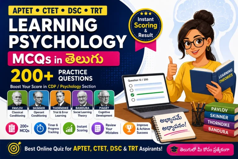 Learning Psychology MCQs in Telugu for APTET CTET DSC TRT exams covering Pavlov Skinner Thorndike Bandura theories
