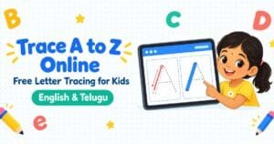 Child tracing the letter A on an interactive online alphabet tracing board